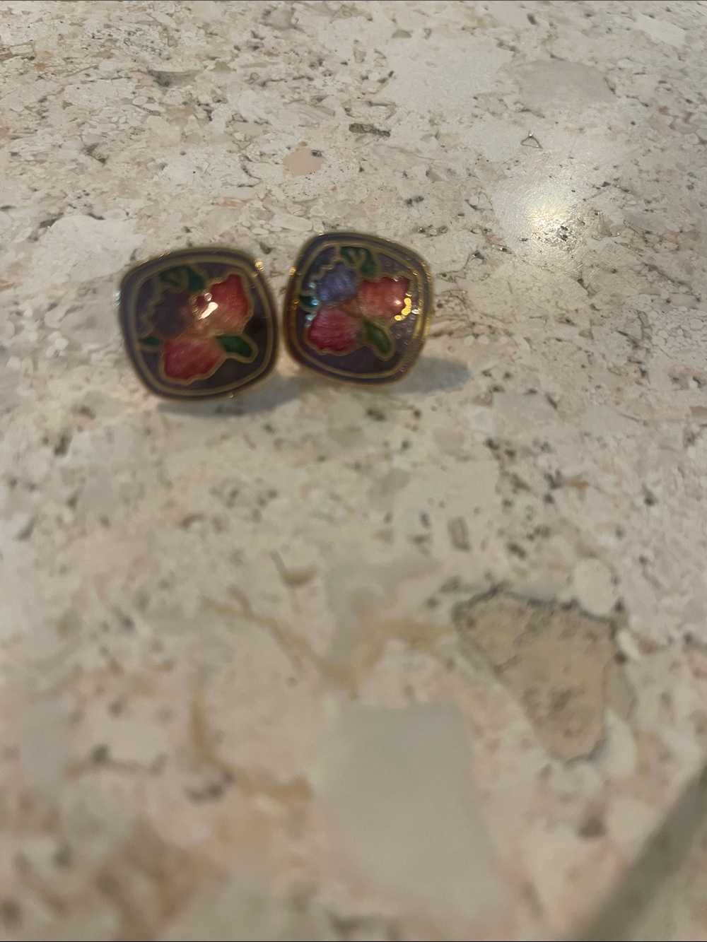 Antique vintage Gold-Tone Floral Enamel Earrings - Pink & Blue